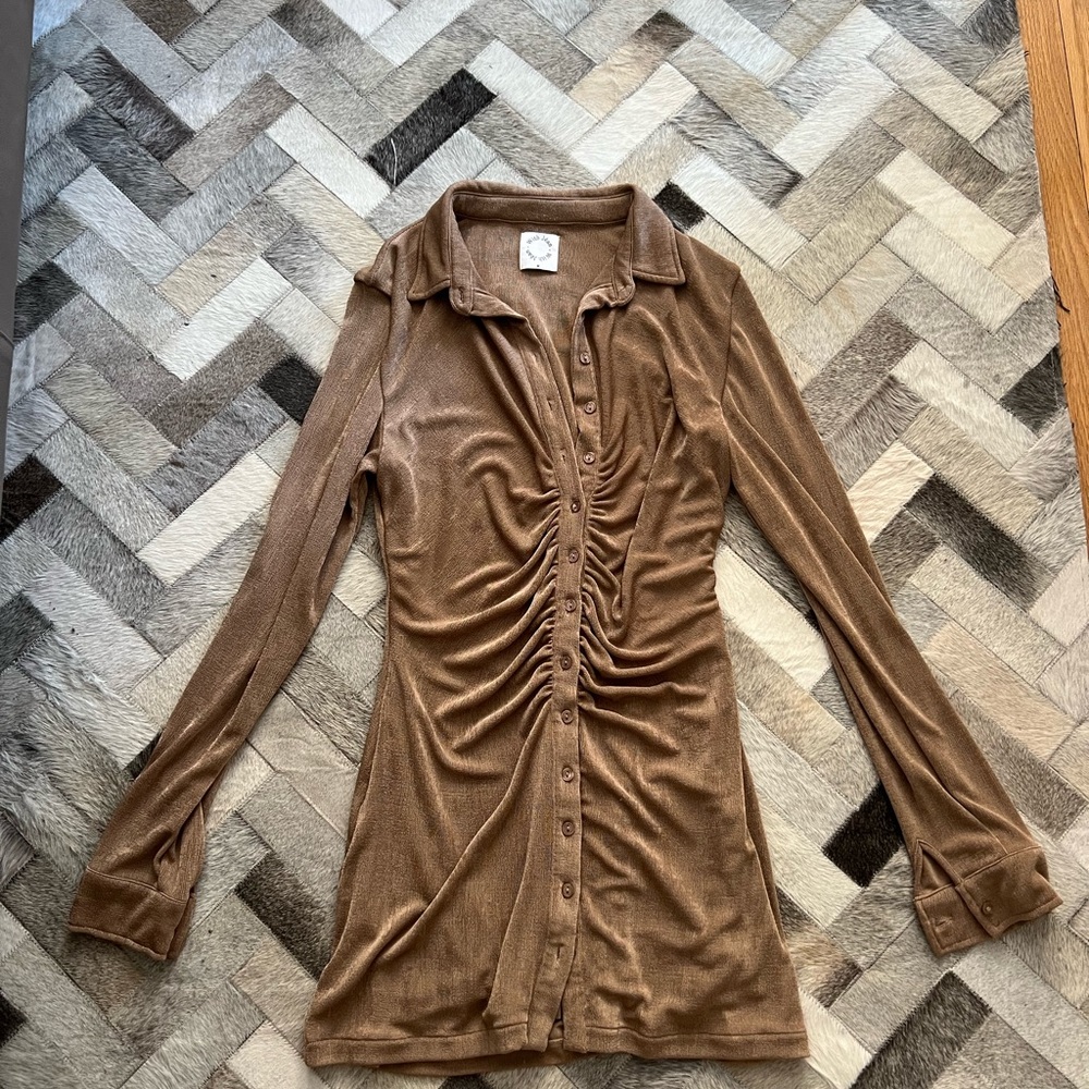 With Jean Beige Button Up Long Sleeve Mini Dress